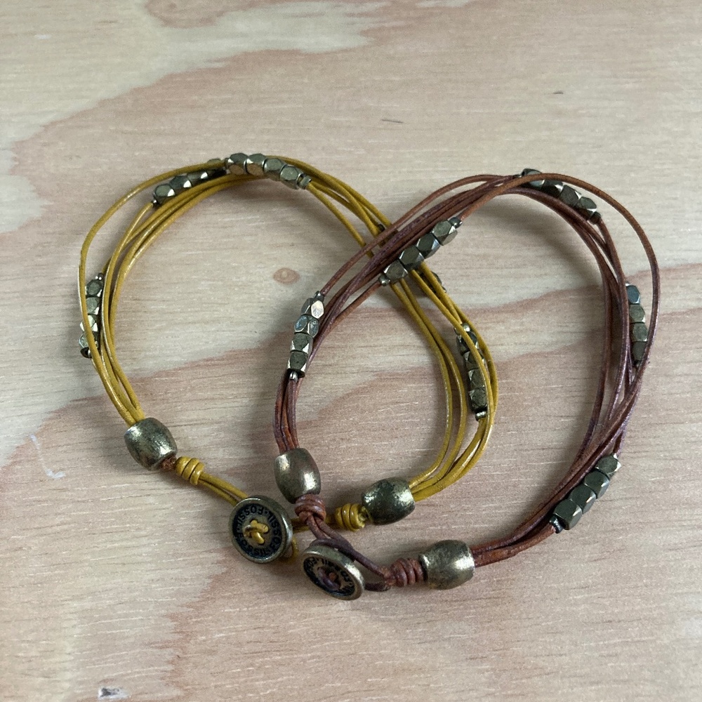 Two Fossil Leather Beaded Bracelets - yellow and brown